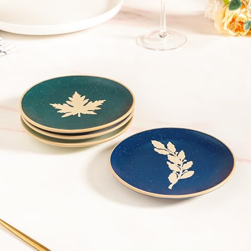Image of Nestasia Ceramic Round Snack Plate Set of 4 (15cm Each) - Leaf Embossed Small Plates for Serving Snacks & Desserts | Microwave & Dishwasher Safe (Green, Sage Green, Blue & White)