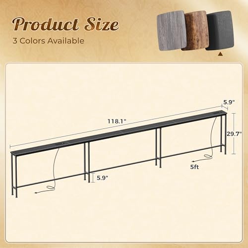 Image of Huuger 118 Inch Sofa Table with Power Outlets, Skinny Behind Couch Table | 5.9 Inch Narrow Entryway Table, Extra-Long Console Table, Behind the Couch Table with Outlet for Living Room, Black