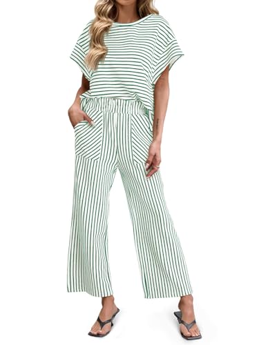 Image of Tankaneo Womens Striped 2 Piece Sets Short Sleeve T Shirts Wide Leg Pants Matching Lounge Set with Pockets