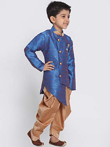Image of JBN Creation Light Blue Cotton Silk Blend Boys Indo Wstern Style Sherwani Set