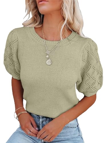 Image of Green Short Sleeve Sweaters for Women Puff Sleeve Sweater Tops Dressy Casual for Spring Summer M