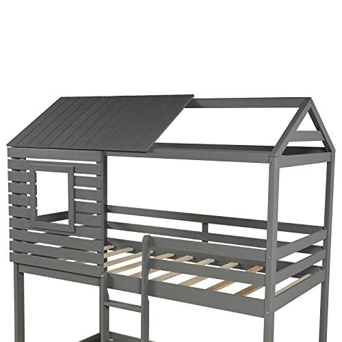 House Bunk beds,Twin Over Twin Bunk Beds with Roof and Guard Rail Ladder for Kids,Toddlers,Wood Loft Bed,No Box Spring Needed (Gray)