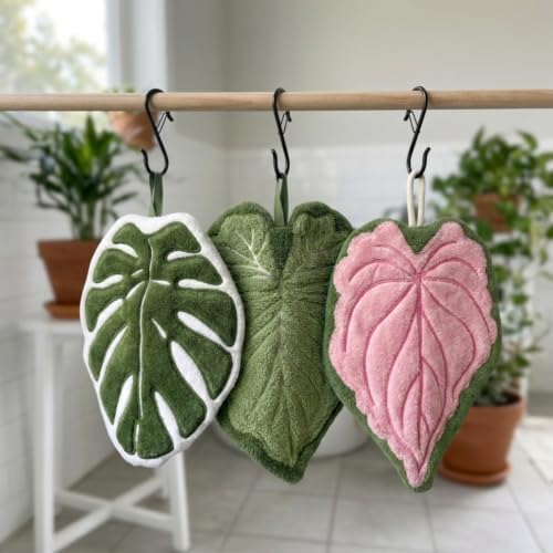Sisher 3 Pack Leaf Hand Towels Hanging Kitchen Towels with S Hanging Loop,Cute Coral Fleece Bathroom Hand Towels, Absorbent, Quick-Drying, and Lint-Free,for Bath/Kitchen/Living Room(Green+Pink+White) — view 7