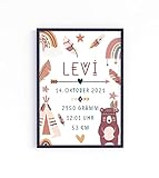 Boho Geburtsanzeige Geburtsdaten Geburtsposter Poster Personalisiert Geburt Geschenk Geburtsbild Baby Kunstdruck mit Namen A4 (Bär)