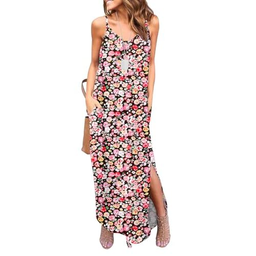 HUSKARY Women's Summer Casual Sleeveless V Neck Strappy Split Loose Dress Beach Cover Up Long Cami Maxi Dresses with Pocket X-Small Army Green