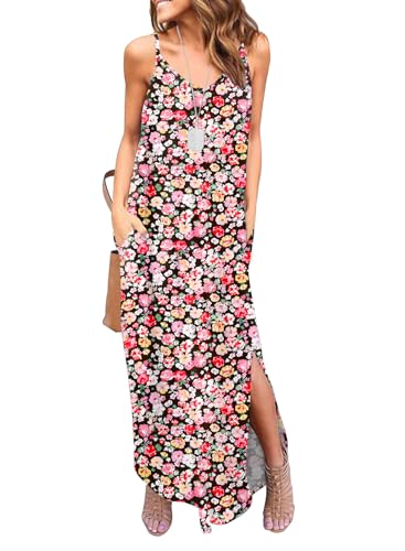 Image of HUSKARY Women's Summer Casual Sleeveless V Neck Strappy Split Loose Dress Beach Cover Up Long Cami Maxi Dresses with Pocket