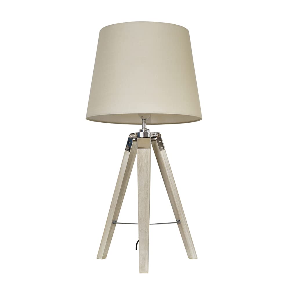 MiniSun | Modern Distressed Wood and Silver Chrome Tripod Table Lamps with Beige Tapered Light Shades | Home Décor, Bedside & Desk Lamp | Includes Bulb [3000K Warm White]