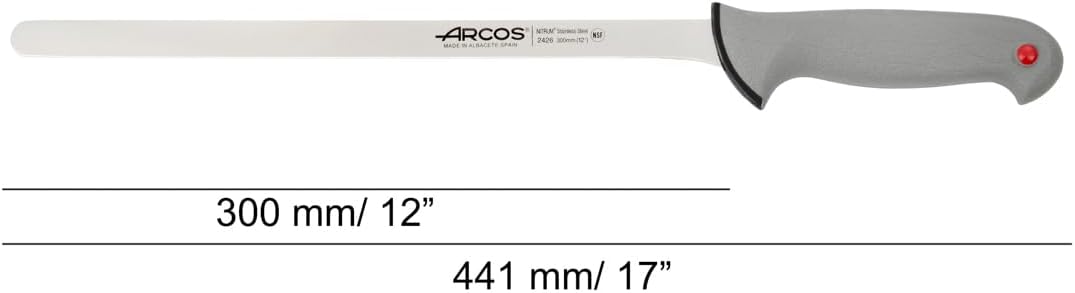 Arcos Slicing Knife/Ham Knife 12 Inch Nitrum Stainless Steel and 300 mm blade. Ergonomic Polyoxymethylene POM Handle. Series Colour Prof. Greater comfort, adaptability, and resistance. Color Black.