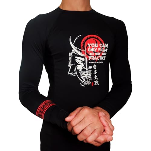 Dioscuri Rash Guard Jiu Jitsu Long Sleeve Compression Shirt for MMA and Jiu Jitsu Training. Taodist Message by Miyamoto Musashi Black