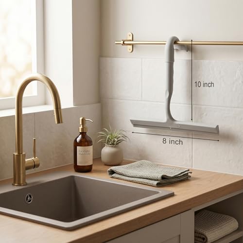 Image of Shower Squeegee for Glass Doors, 10-Inch Silicone, Fishtail Type Hook, Grey | One-piece Silicone, Fishtail Hook, Non-slip Grip and Quiet Glide for Shower Glass, Tile, Mirrors, Windows and Car Glass