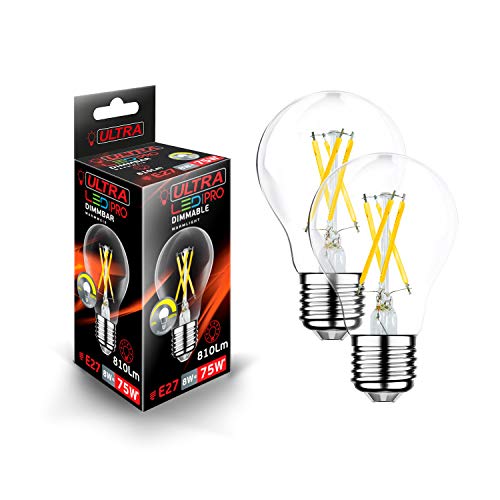 Ultra LED dimmbar e27 filament warmweiss, Birnenform Klar Glas A60, 8w 230v LED vintage Birne 3000k, LED Lampe ersetzt 75w Birne Strahlwinkel 360°, light Bulb 810 LM, Glühlampen Flimmerfrei, 2er-Pack Cover