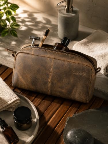 Image of Calfnero Genuine Leather Toiletry Bag for Men & Women | Premium Leather Travel-Pouch | Toiletry Organizer | Cosmetic & Shaving Kit Bag | Unisex Travel Dopp Kit (Hunter)