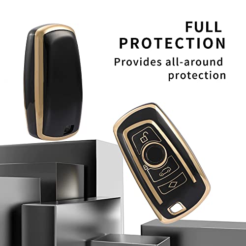 Image of Keyzone TPU car Key Cover and Keychain Compatible for BMW X4, X3, 5 Series, 6 Series, 3 Series, 7 Series 4 Button Smart Key (Type1) (Gold Black with Gold Black KZ Keychain)