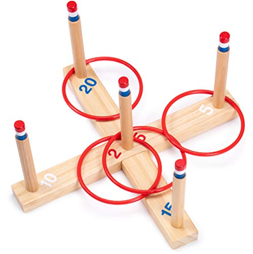 midway monsters ring toss game - Wooden Ring Toss Game - Vintage X-Shaped Wood Peg Board with 4 Plastic Tossing Rings - Classic Indoor and Outdoor Activities - Carnivals, Barbecues, Parties, and Family Fun