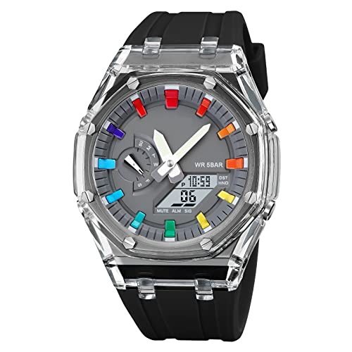 Forrader Reloj deportivo analógico digital para hombre, doble pantalla, deportes al aire libre, impermeable, reloj de pulsera militar con hora mundial multifunción para hombre, negro/gris