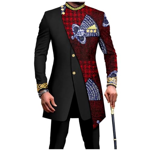 Men's African Inspired Suit Set Long Tailored Blazer Pants with Asymmetric Design for Party Wedding Evening