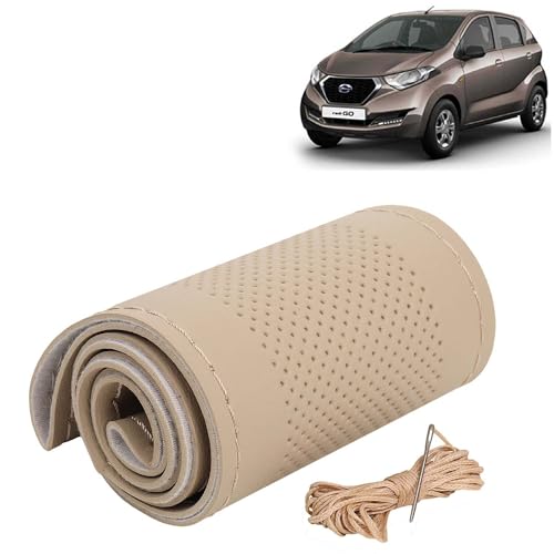 Image of KINGSWAY PU Leatherite Car Steering Cover Sewable Compatible with Datsun Redi Go (Year 2016 Onwards), Beige Color with Beige Thread, Pack of 1 with Sewing Needle and Thread
