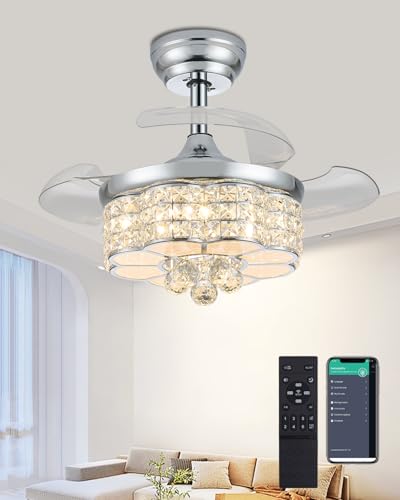 Fejanical 30" Crystal Chandelier Ceiling Fan, Dimmable Retractable Ceiling Fan with Lights, Crystal Fandeliers with Lights and Remote for Bedroom Living Room, Chrome