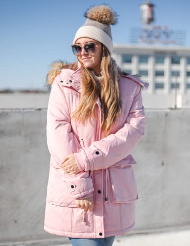 Beyove Womens Hooded Fleece Line Coats Parkas Faux Fur Jackets with Pockets Cotton Coat, Pink Large