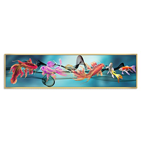 Image of PAINTINGMANTRA Auspicious Five Fish Large Canvas Painting Framed Panel Wall Painting, Framed Luxury Paintings for Home Decoration, Living room, Bedroom and Office Decor (Blue, 13x47 Inch)