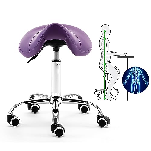 Tabouret de selle médical à roulettes avec assise ergonomique en cuir PU violet lavable