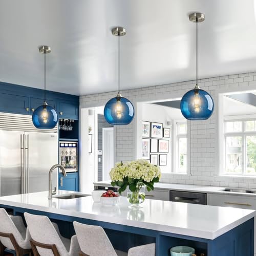 Image of Blue Glass Pendant Lights Kitchen Island Lighting Globe Pendant Light Fixtures Modern Pendant Lighting for Kitchen Island Bedroom Living Dining Room Light Fixture(9.84in, 3-Pack)