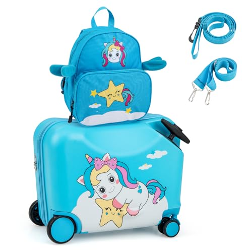COSTWAY 2tlg Kinderkoffer + Rucksack, 12'+18' Kindertrolley mit Rollen und wasserdichter Hartschale, Kindergepäck, Rollkoffer mit Rucksack für Jungen und Mädchen (Blau Einhorn)