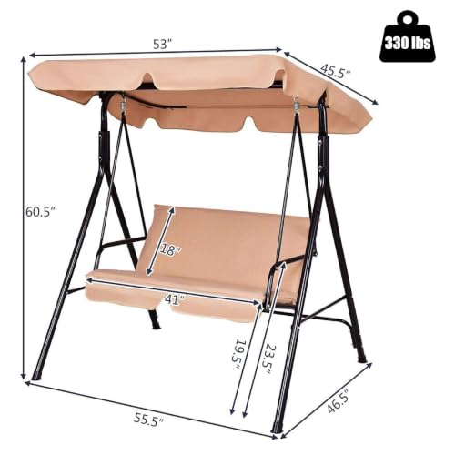 Image of Tangkula 2 Person Porch Swing, Outdoor Swing with Removable Cushions, Solid Steel Structure, Patio Swing with Adjustable Canopy for Porch, Backyard, Garden, Balcony Beige