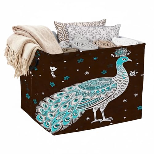 56L Peacock Painting Rectangular Storage Bin,Laundry Basket Clothes Hamper with Handles,Foldable Blanket Storage Cotton Linen Laundry Hamper with Waterproof PE, Home Decor.