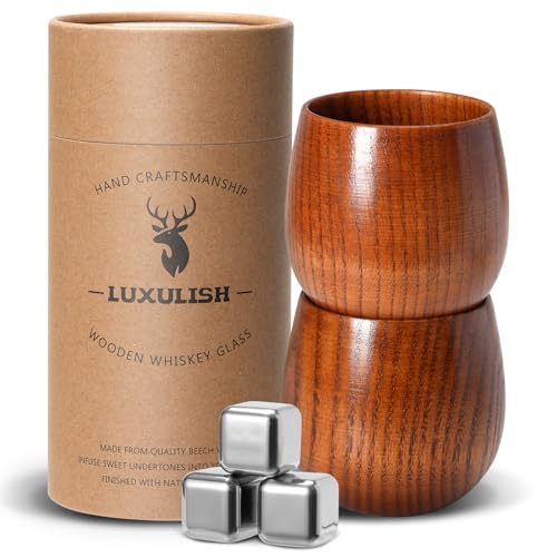 LUXULISH Wooden Bourbon Glass, Include 3 Stainless Steel Ice Cubes, The Original Wood Bourbon...