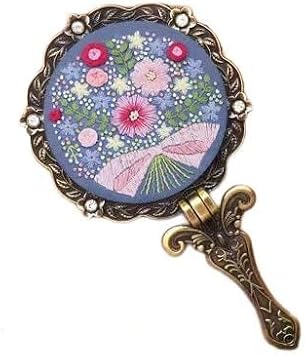 DIY Embroidery Foldable Mirror Set Needlework Handmade Craft Makeup Hand Mirror Pink Flower & Knot Embroidery with Hoop Color Threads Stitch Work for Beginners燬tarter