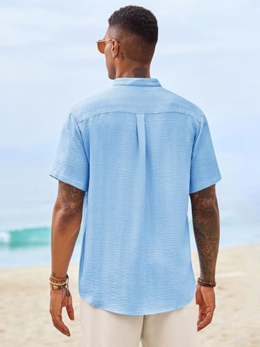 Image of Runcati Mens Casual Henley Shirt Short Sleeve Band Collar Textured Shirts Summer Beach Hippie T-Shirts