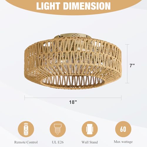 Boho Ceiling Fan with Light and Remote,Rattan Fandelier Ceiling Fan with Light Flush Mount Woven Farmhouse Caged Ceiling Fans for Bedroom Living Room Kitchen(Enclosed 6 Speeds) - Image 5