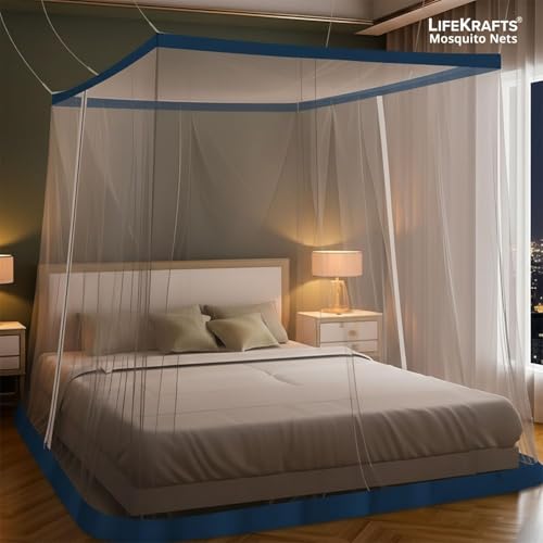 Image of LifeKrafts Bed Mosquito Net - Mega King Size Polyester Machardani (8ft x 8ft,Elegant White with Blue Border) | Double Zipper Entry | Washable & Durable Net for Peaceful Sleep