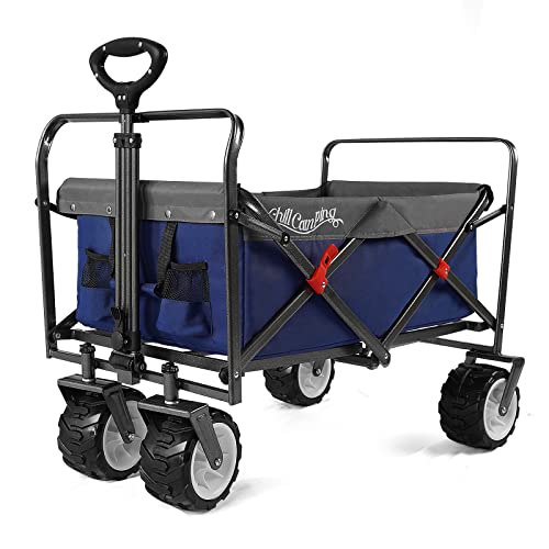 Collapsible Utility Wagon With Big All Terrain Wheels, Heavy Duty Foldable Wagon Grocery Folding Cart For Outdoor Garden Beach Sports, Blue #TOP24
