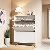 Design moderne et minimaliste : ce meuble à chaussures avec portes présente un design extérieur à rayures blanches avec rampes dorées et pieds en métal, vous offrant une expérience visuelle différente. Différentes tailles d'espace intérieur, pratique pour ranger tous les types de chaussures, c'est le meilleur choix pour votre meuble à chaussures d'entrée