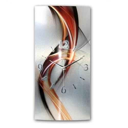 Kreative Feder Designer-Wanduhr „Abstrakt orange-rot“ aus gebürstetem Aluminium in Zwei Größen mit leisem Uhrwerk (Abstrakt orange-rot, Funkuhr 50x25cm)