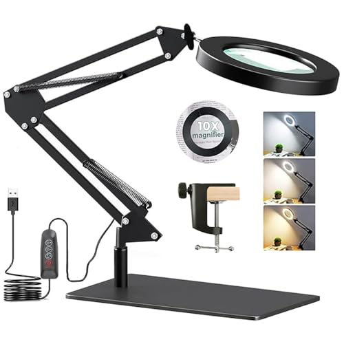 10 lenti di ingrandimento con luce, 2 in 1 LED, con base da tavolo e morsetto, 3 modalità di colore, 10 luminosità regolabile, lampada con lente di ingrandimento con luce e supporto per artigianato