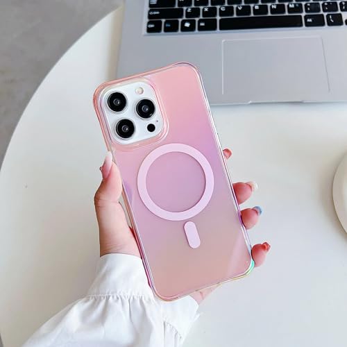 Coque iPhone 13 Pro magnétique laser rose transparente avec chargement sans fil protecteur.