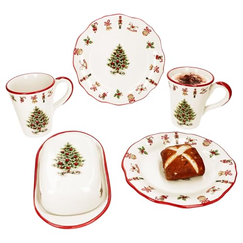 MamboCat Maestro Natale Service à petit-déjeuner 5 pièces I 1 beurrier, 2 assiettes à petit-déjeuner et 2 tasses à café pour 2 personnes avec décor de Noël I Vaisselle en céramique pour Noël