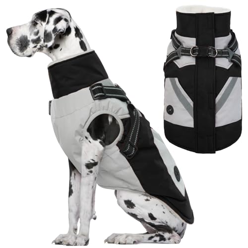 IECOii Large Dog Coat with Harness Built in,Reflective Waterproof Dog Coat for Giant Breeds - Zip Up Fleece Jacket for Dogs,Great Dane Winter Coats Wa