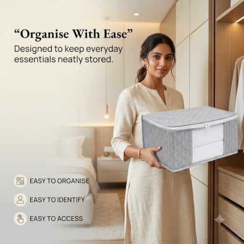 Image of BSB HOME Non-Woven Saree Cover and Clothes Storage Organizer with Transparent Window & Zipper Closure, Foldable Wardrobe Storage Bag for Sarees, Suits and Garments, 45 x 33 x 22 cm (Pack of 6, Grey)
