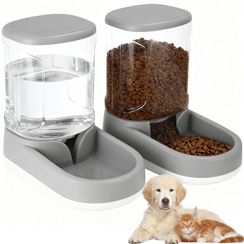 Druuzyl Dispenser Cibo Gatti Cani Automatico 2×3.8L Distributore Automatico e Distributore d'Acqua per Gatti, Dispenser di Crocchette e Acqua per Animali Domestici (Grigio)