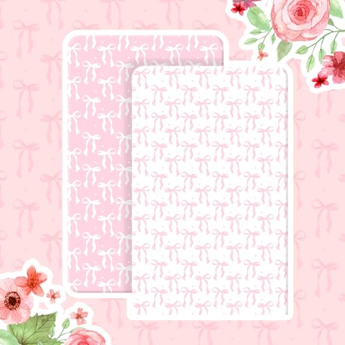 Image of Peryiter 2 Pack Pink Bow Crib Sheets for Girls Boys Coquette Bed Sheet Set Fitted 52'' x 28 inch for Standard Crib Mattress Stretchable Soft Toddler Aesthetic Nursery Decor