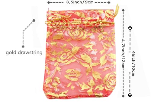 Image of 100 pcs 3.5 x 4.7 Inch Flower Heart Organza Jewelry Gift Pouch Candy Pouch Drawstring Wedding Favor Bags X92 (red gold flower)