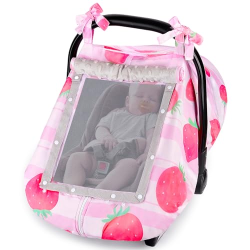 Image of FIOBEE Baby Car Seat Cover, Car Seat Covers for Babies Infant Car Seat Canopy with Breathable Mesh Window Waterproof Carseat Cover for Babies Boy Girl 4 Seasons