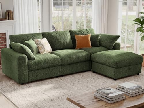 Image of Ihanherry Cloud Sectional Couches for Living Room, 110 inch Large Modular Sectional Sofa with Wide Deep Seat, L Shaped Couch with Throw Pillow and Storage Ottoman, Green