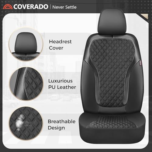 Image of Coverado Seat Covers Full Set, Luxury Leather Car Seat Cover with Carbon Fiber Accents Design, Spill-Proof Durable Black Automotive Seat Covers, Front and Rear Seat Protectors Universal Fit Most Cars