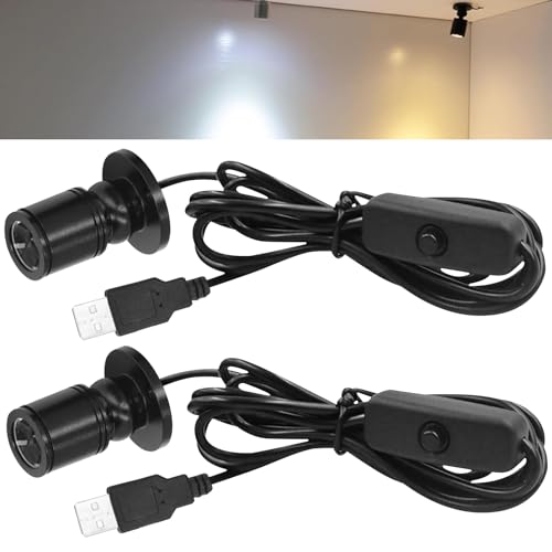 WIYETY Mini Spot Licht: 2 Stück Aluminium USB 5V Dimmbarer LED Strahler, mit 6.6 Fuß Langem Kabel, Kleines Akzentlicht, Warmweißes Licht 3000K für Vitrinen, Schmuck, Schaufenstern, Modellen