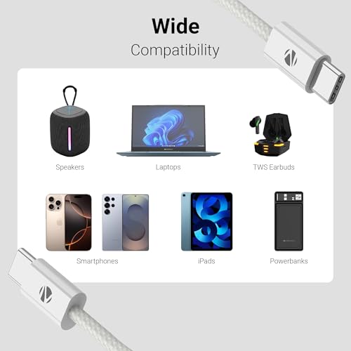 Image of Zebronics Wattz 240CC1 Type-C to Type-C Braided Cable, PD 240W, 2 Meter, Durable, Charge & Sync, Rapid Charging, For Laptops, Tablets, Mobiles (White)